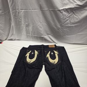 True Religion Men's Relaxed Jeans - Dark Blue with Cream Accents